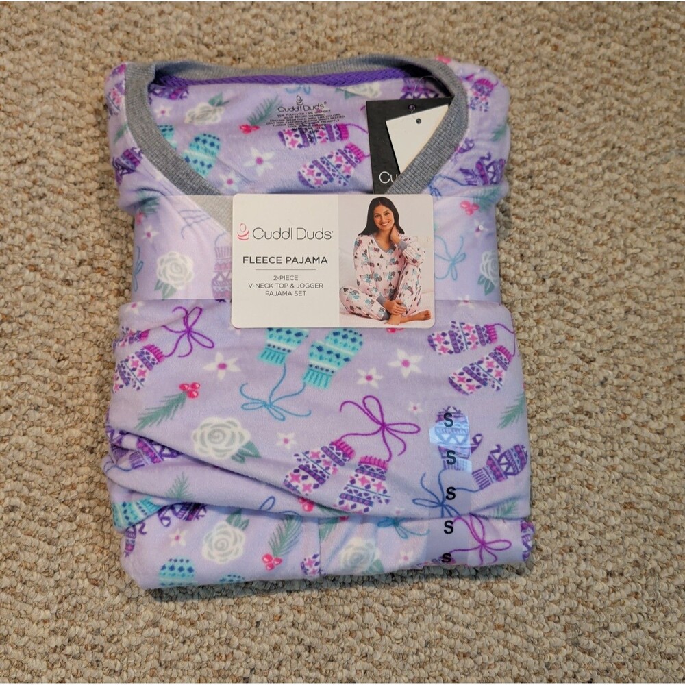 Cuddl Duds Fleece Pajama Set Womens Small Purple Mittens V Neck Jogger Winter